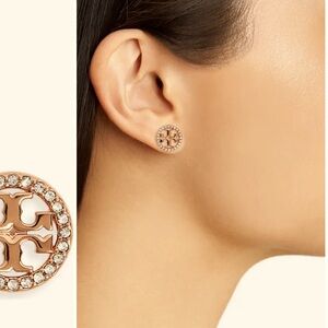 Tory Burch Rose Gold Crystal Logo Circle Stud Earrings